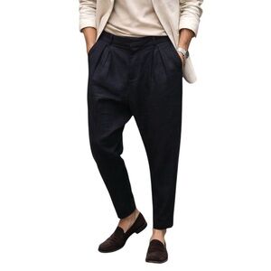 ANN DEMEULEMEESTER Pleated Drop Crotch Tapered Linen Pants \\ S